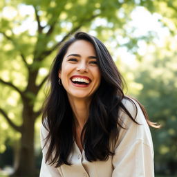 A joyful woman in her 30s laughing heartily, her long dark hair flowing loosely around her shoulders