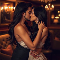 A passionate scene depicting a glamorous couple sharing a romantic French kiss in a stylish, upscale setting