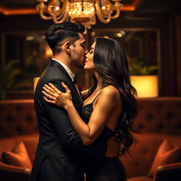 A passionate scene depicting a glamorous couple sharing a romantic French kiss in a stylish, upscale setting