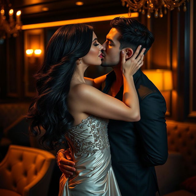 A passionate scene depicting a glamorous couple sharing a romantic French kiss in a stylish, upscale setting