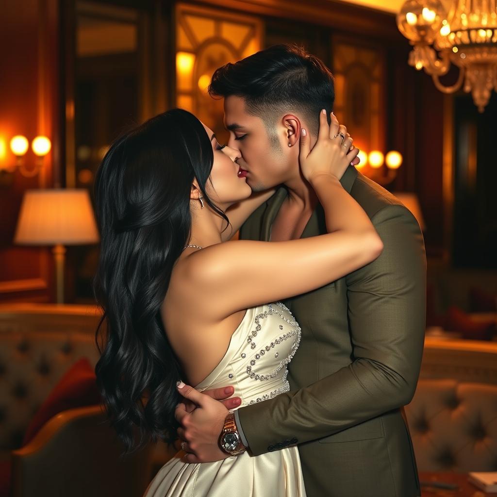 A passionate scene depicting a glamorous couple sharing a romantic French kiss in a stylish, upscale setting