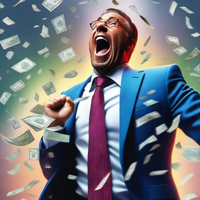 A hyper-realistic digital artwork of a wealthy individual in a suit, yelling in joy as they are showered with money