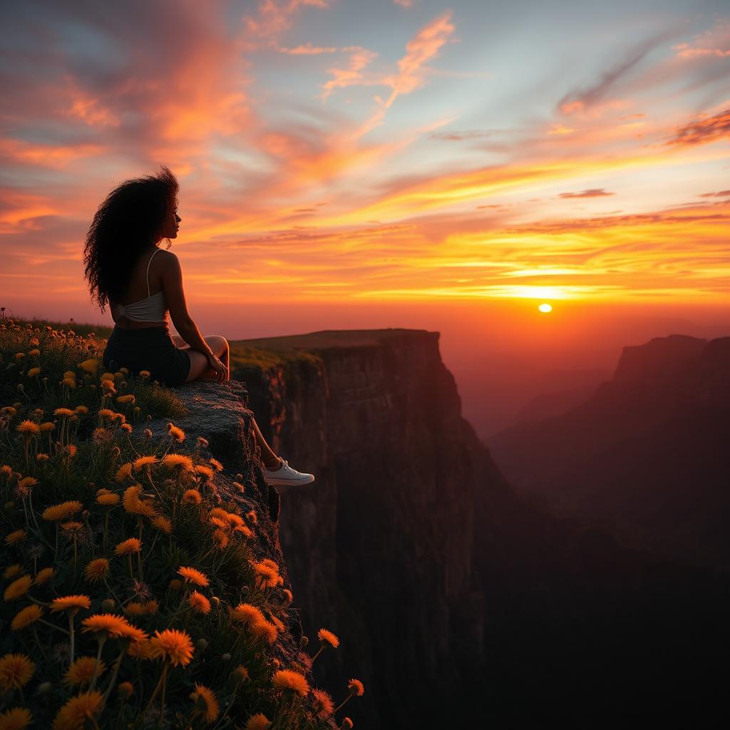 A mesmerizing sunset view featuring a dramatic cliff lushly covered in vibrant dandelions