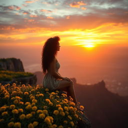 A mesmerizing sunset view featuring a dramatic cliff lushly covered in vibrant dandelions