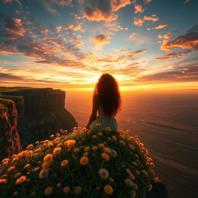 A mesmerizing sunset view featuring a dramatic cliff lushly covered in vibrant dandelions