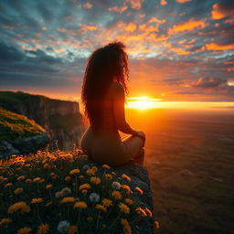 A mesmerizing sunset view featuring a dramatic cliff lushly covered in vibrant dandelions