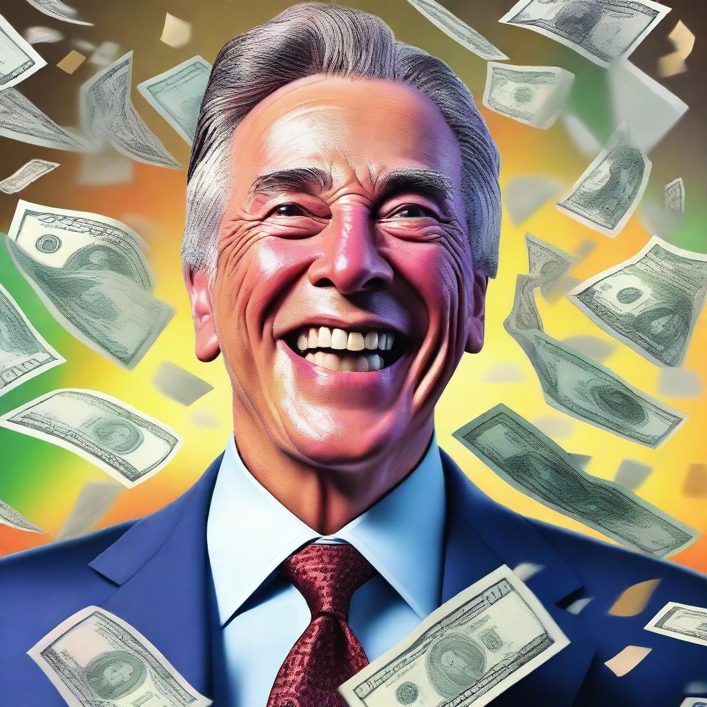 A hyper-realistic digital artwork of a wealthy individual's face, filled with excitement, as they are showered with banknotes