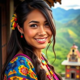 A captivating Colombian woman showcasing her cultural heritage, with striking features and a warm, inviting smile