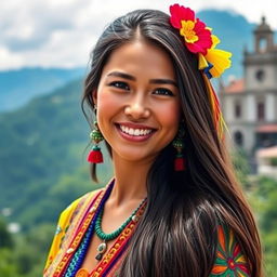 A captivating Colombian woman showcasing her cultural heritage, with striking features and a warm, inviting smile