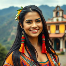 A captivating Colombian woman showcasing her cultural heritage, with striking features and a warm, inviting smile