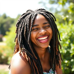 A joyful woman in her 30s with beautiful, vibrant dreadlocks, laughing with a bright smile