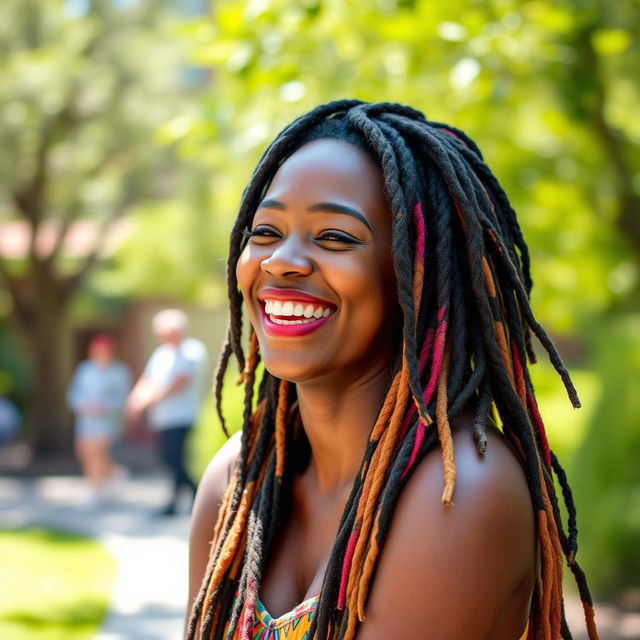 A joyful woman in her 30s with beautiful, vibrant dreadlocks, laughing with a bright smile