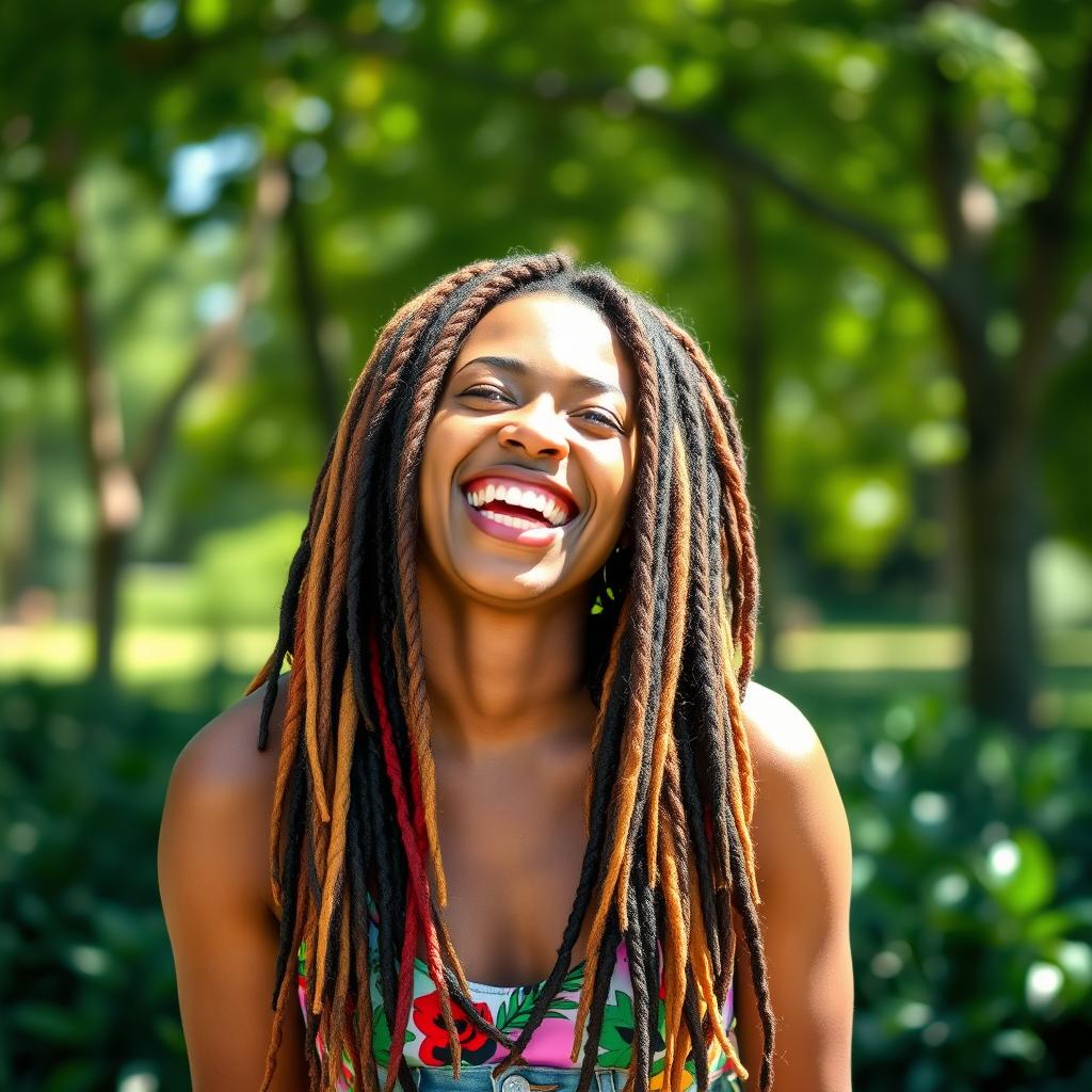 A joyful woman in her 30s with beautiful, vibrant dreadlocks, laughing with a bright smile