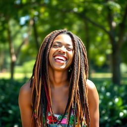 A joyful woman in her 30s with beautiful, vibrant dreadlocks, laughing with a bright smile