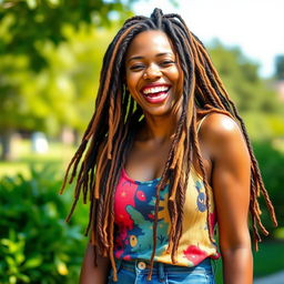 A joyful woman in her 30s with beautiful, vibrant dreadlocks, laughing with a bright smile
