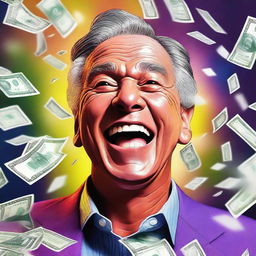 A hyper-realistic digital artwork of a wealthy individual's face, filled with excitement, as they are showered with banknotes