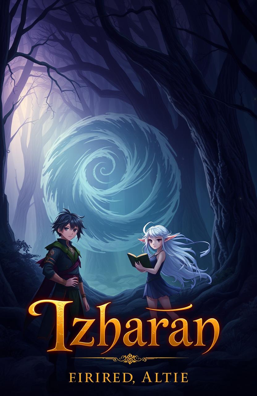 A mystical forest background with dim lighting, depicting the alien world of Izharan