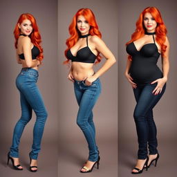 Three full-length photos of a beautiful, sexy, curvy girl with long flame red hair and bright, bold makeup