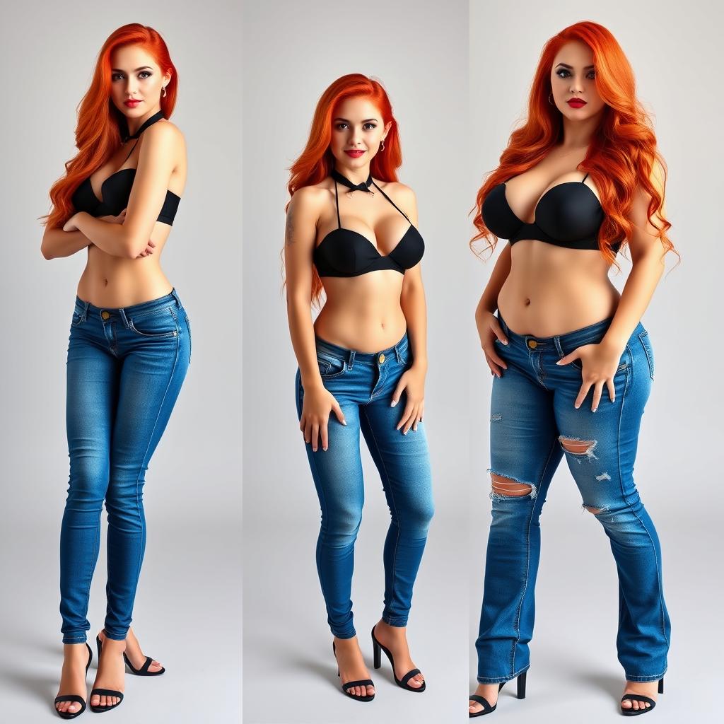 Three full-length photos of a beautiful, sexy, curvy girl with long flame red hair and bright, bold makeup