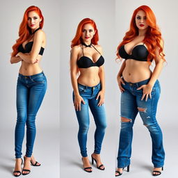 Three full-length photos of a beautiful, sexy, curvy girl with long flame red hair and bright, bold makeup