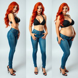 Three full-length photos of a beautiful, sexy, curvy girl with long flame red hair and bright, bold makeup