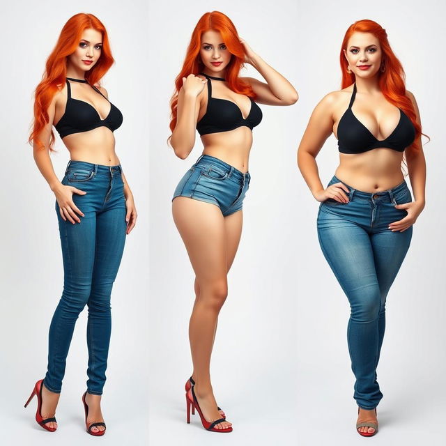 Three full-length photos of a beautiful, sexy, curvy girl with long flame red hair and bright, bold makeup