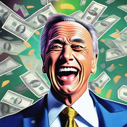 A hyper-realistic digital artwork of a wealthy individual's face, filled with excitement, as they are showered with banknotes