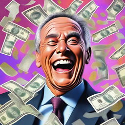 A hyper-realistic digital artwork of a wealthy individual's face, filled with excitement, as they are showered with banknotes