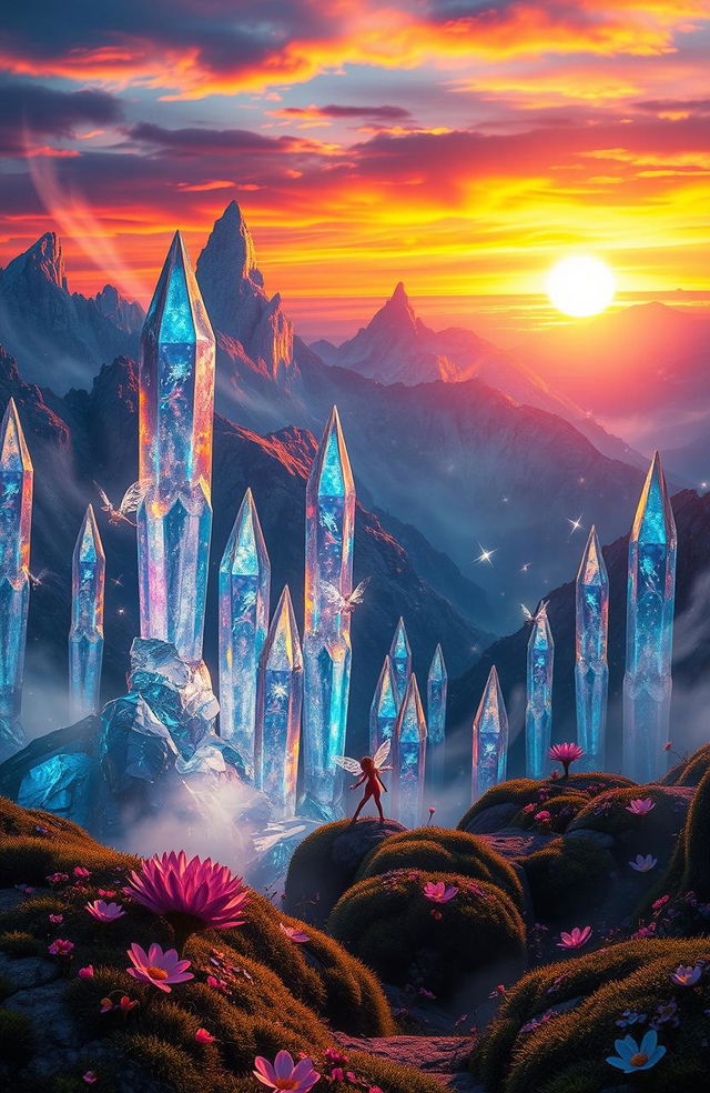 A mesmerizing fantasy landscape featuring towering crystalline structures that glitter under a vibrant sunset sky