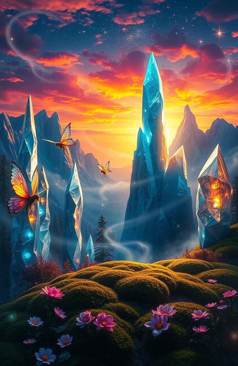 A mesmerizing fantasy landscape featuring towering crystalline structures that glitter under a vibrant sunset sky