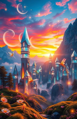 A mesmerizing fantasy landscape featuring towering crystalline structures that glitter under a vibrant sunset sky