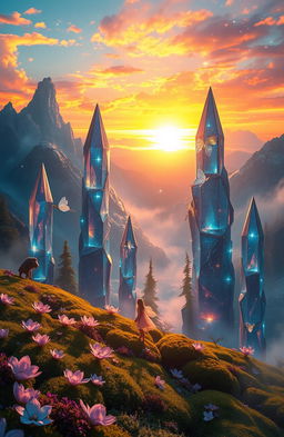A mesmerizing fantasy landscape featuring towering crystalline structures that glitter under a vibrant sunset sky