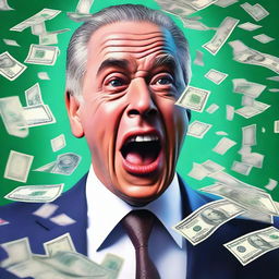 A hyper-realistic digital artwork of a wealthy individual's face, expressing shock, as they are showered with banknotes