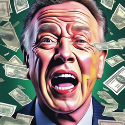 A hyper-realistic digital artwork of a wealthy individual's face, expressing shock, as they are showered with banknotes