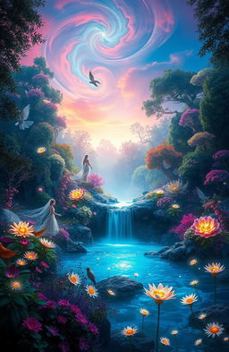 A mystical scene depicting a magical forest just beyond a shimmering veil, filled with vibrant, otherworldly flora and fauna