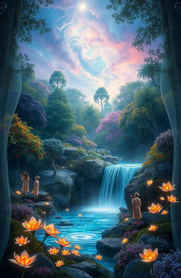 A mystical scene depicting a magical forest just beyond a shimmering veil, filled with vibrant, otherworldly flora and fauna