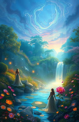 A mystical scene depicting a magical forest just beyond a shimmering veil, filled with vibrant, otherworldly flora and fauna