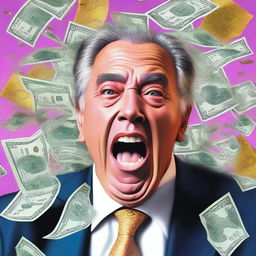 A hyper-realistic digital artwork of a wealthy individual's face, expressing shock, as they are showered with banknotes