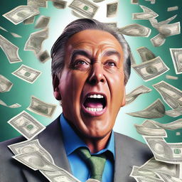 A hyper-realistic digital artwork of a wealthy individual's face, expressing shock, as they are showered with banknotes