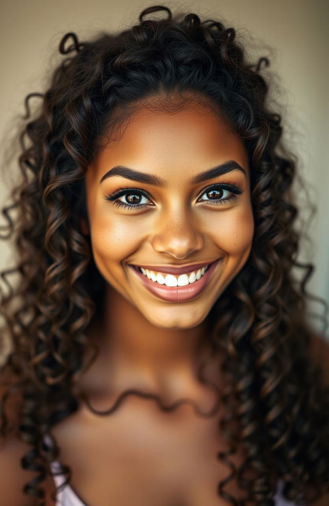 A stunning mixed heritage woman with a warm morena complexion, featuring long, curly hair that cascades around her shoulders