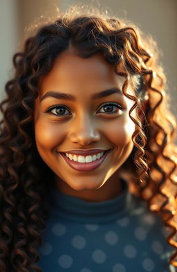 A stunning mixed heritage woman with a warm morena complexion, featuring long, curly hair that cascades around her shoulders