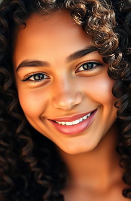 A stunning mixed heritage woman with a warm morena complexion, featuring long, curly hair that cascades around her shoulders