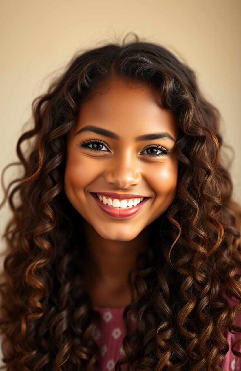 A stunning mixed heritage woman with a warm morena complexion, featuring long, curly hair that cascades around her shoulders