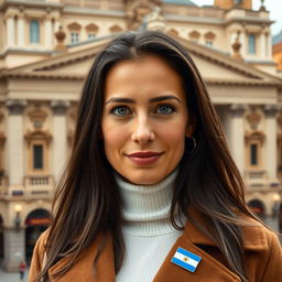 A charming and attractive woman around 40 years old with long, dark hair and a warm tan