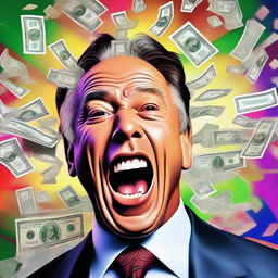 A hyper-realistic digital artwork of a wealthy individual's face, expressing shock and excitement, as they are showered with banknotes