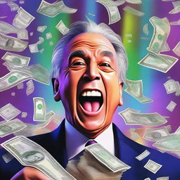 A hyper-realistic digital artwork of a wealthy individual's face, expressing shock and excitement, as they are showered with banknotes