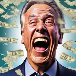 A hyper-realistic digital artwork of a wealthy individual's face, expressing shock and excitement, as they are showered with banknotes