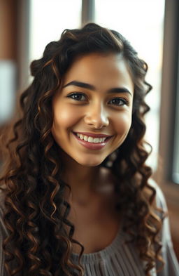 A portrait of a mixed-race actress with a morena complexion and long, curly, springy hair