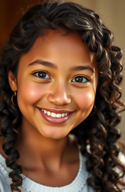 A portrait of a mixed-race actress with a morena complexion and long, curly, springy hair