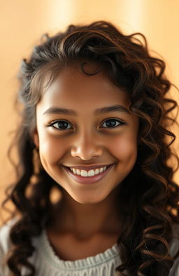A portrait of a mixed-race actress with a morena complexion and long, curly, springy hair
